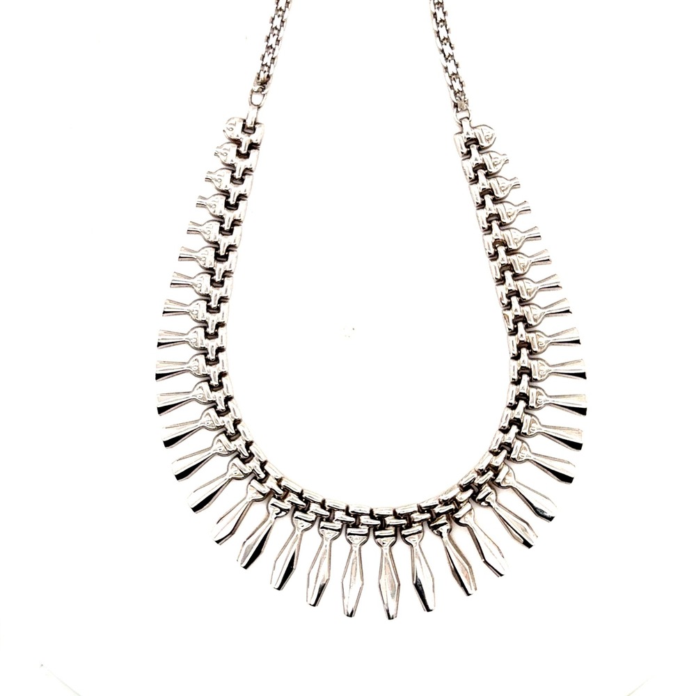 JCM Sterling Silver Fringe Collar Necklace 925 Articulated Bib Dangle 17.5in 11g